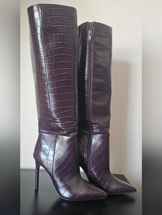 Express Shoes - Express Women's Croc-Embossed Pointed Toe Knee Boots in Deep Plum